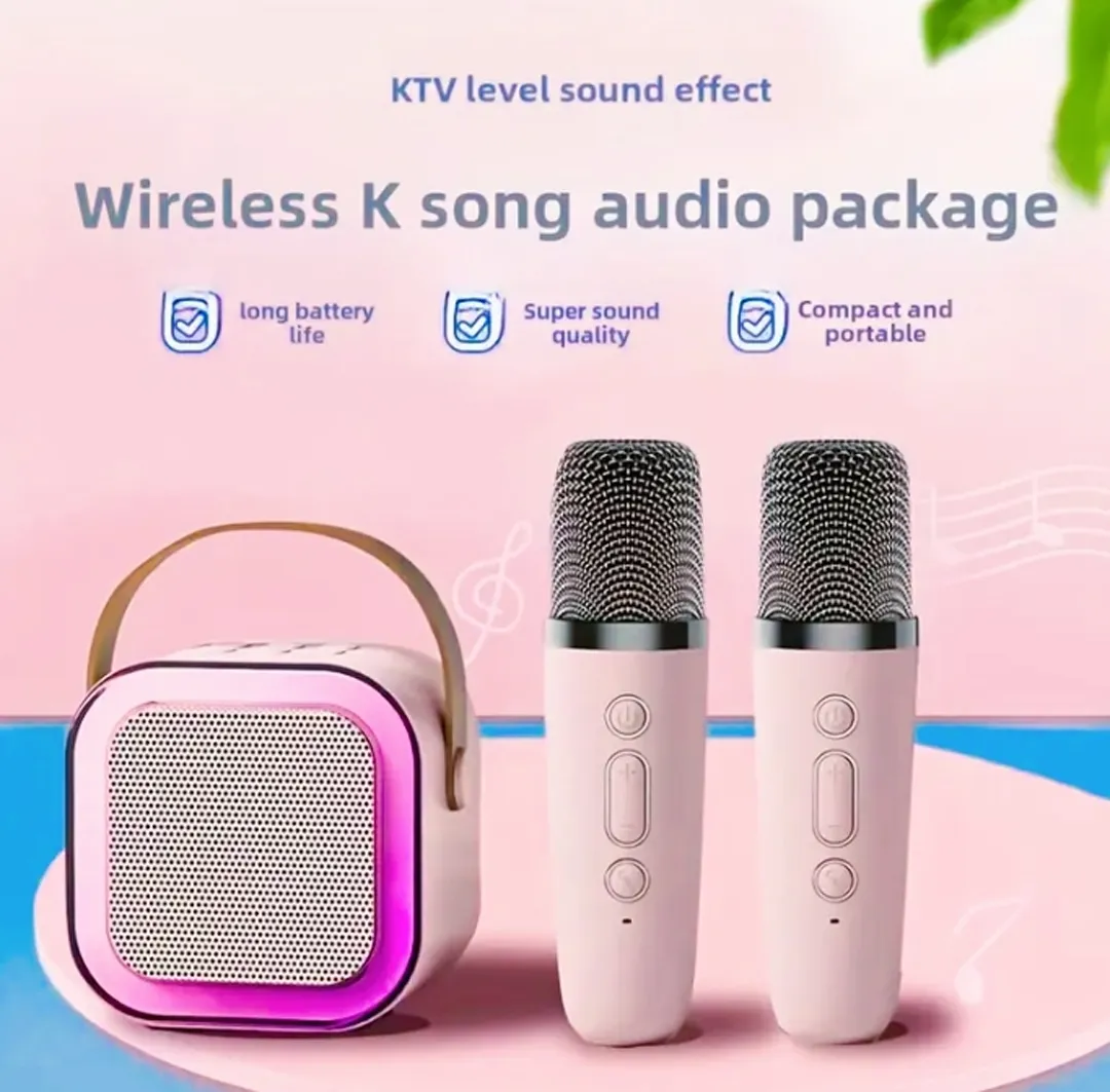 Bluetooth Pink Karaoke Set With 2 Pink Microphones  + Pink Wireless Headphones+ Pink Wireless Speaker Pink Symphonie Set