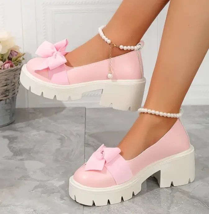 Pink Beaded Fashion Set With 2 Pink Heels - 1 Pink Platform Heels Moccasins 1 Heely Pink Shoe With Bow And Pink Bag With Beads